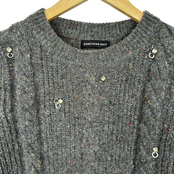 Something Navy Womens Cable Knit Sweater XS Gray Puff Sleeve Bling Wool Preppy - Picture 7 of 14